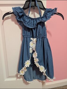 Girls Blue Denim-Look Daisy Trim Casual ROMPER
